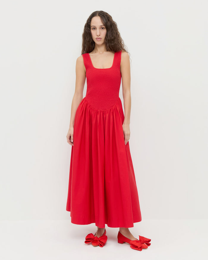 Estelle Dress in red cotton and Noa Red Moiré Bow Flat.