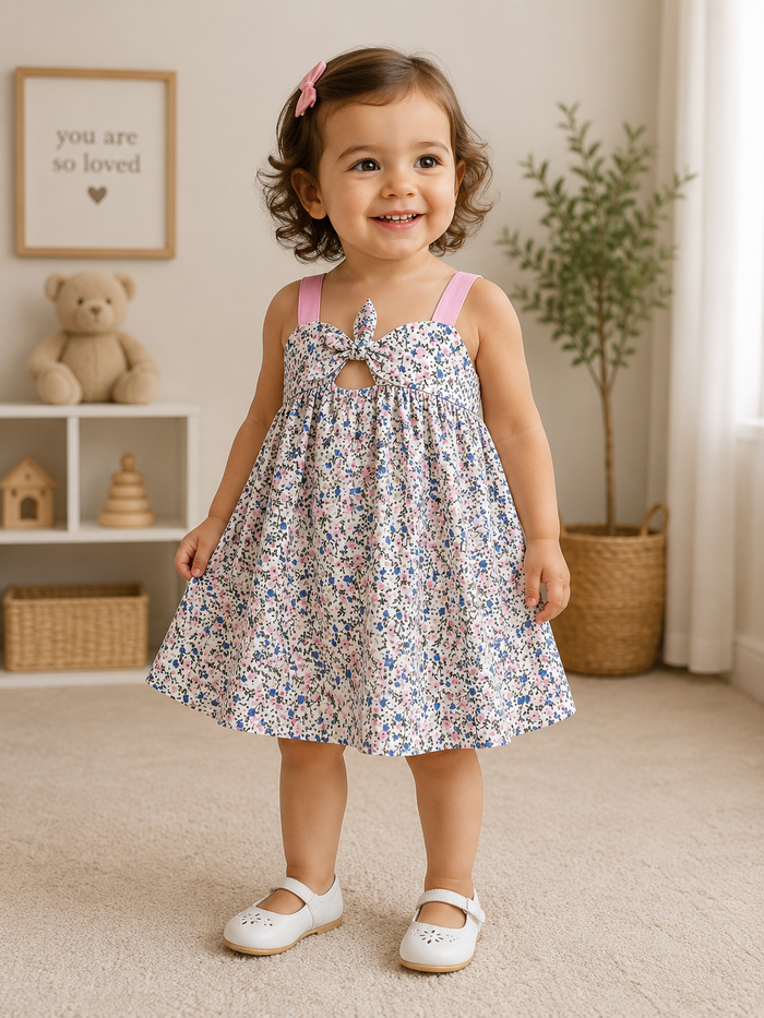 Floral Sleeveless Dress With Straps And Bow
