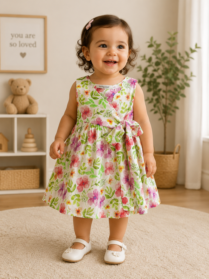 Floral Sleeveless Wrap Style Dress With Side Bow