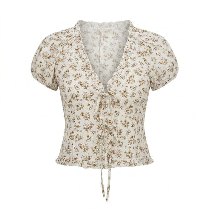 Floral Tie Front Blouse With Puff Sleeves