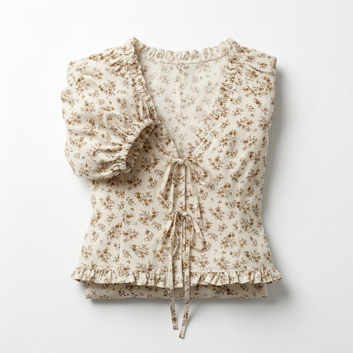 Floral Tie Front Blouse With Puff Sleeves