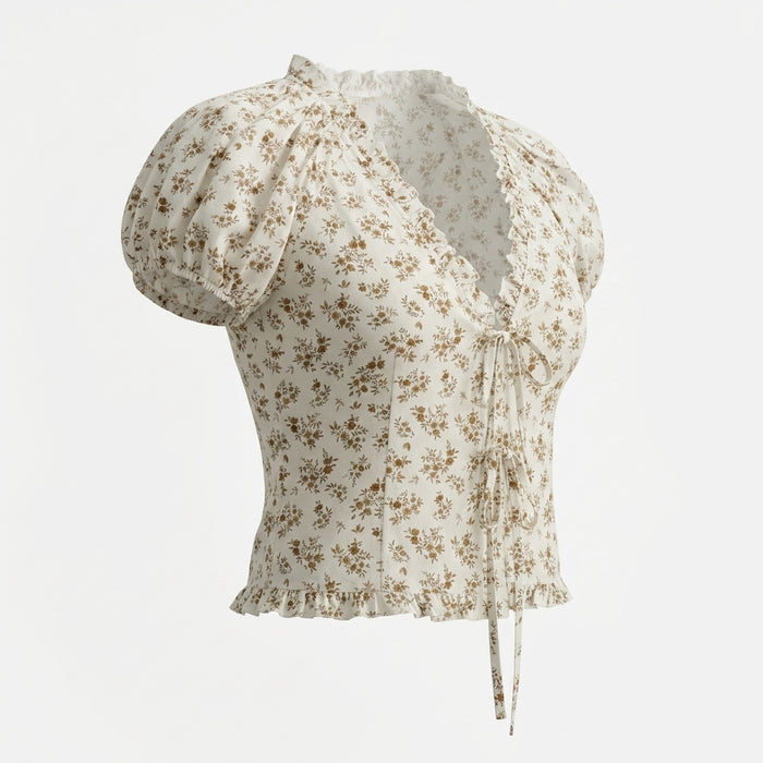 Floral Tie Front Blouse With Puff Sleeves