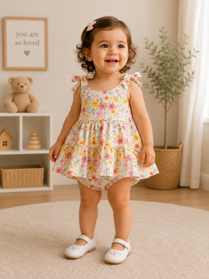 Floral Tiered Sleeveless Dress With Matching Bloomers