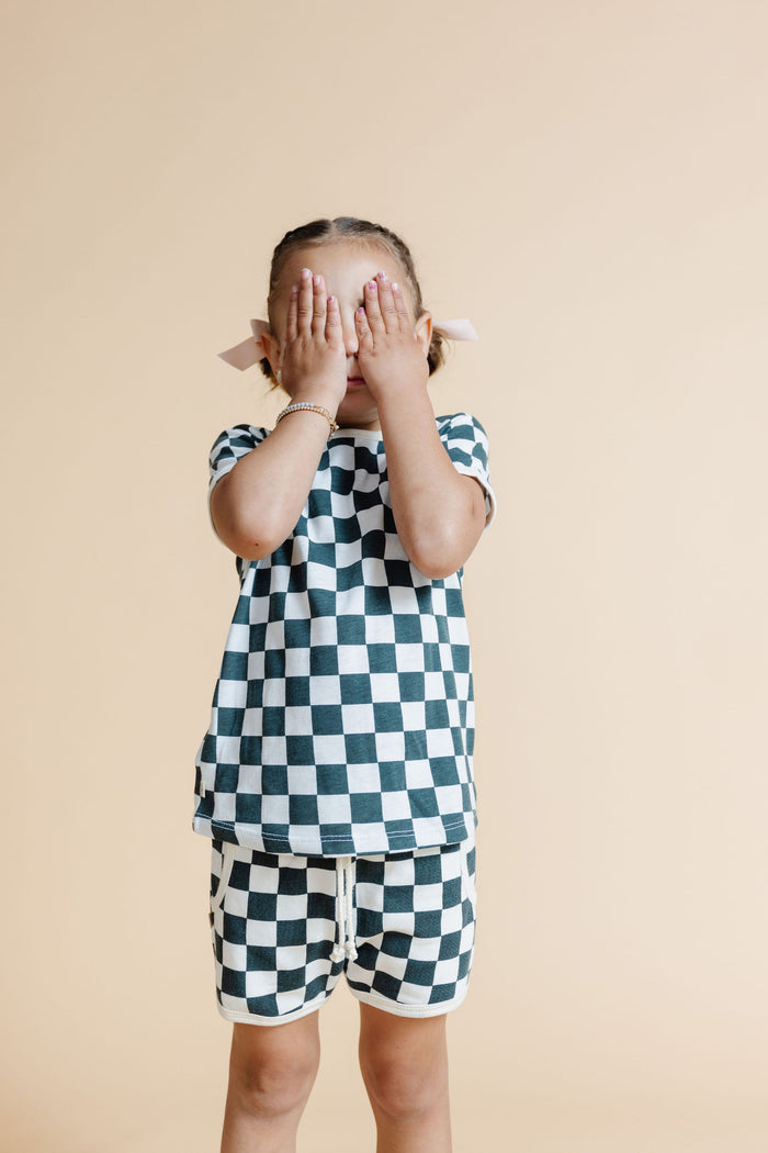 french terry retro short - jade checkerboard