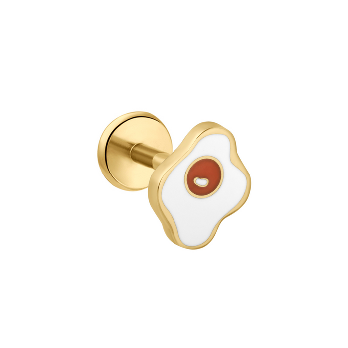 Gold, white, and orange enamel flat back stud earring on a white background.