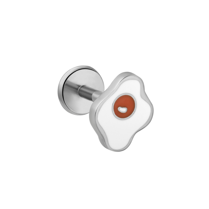 Silver, white, and orange enamel flat back stud earring on a white background.