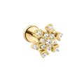 Gold snowflake earring with clear gemstones on a white background