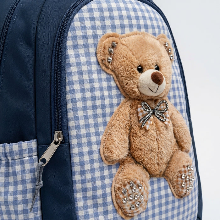 Gingham Kids Backpack With Plush Teddy Bear Applique