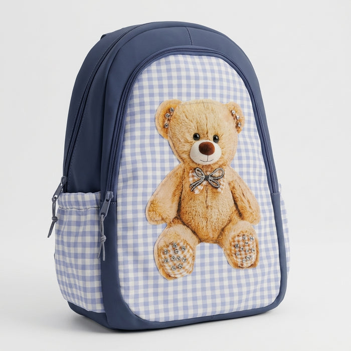 Gingham Kids Backpack With Plush Teddy Bear Applique