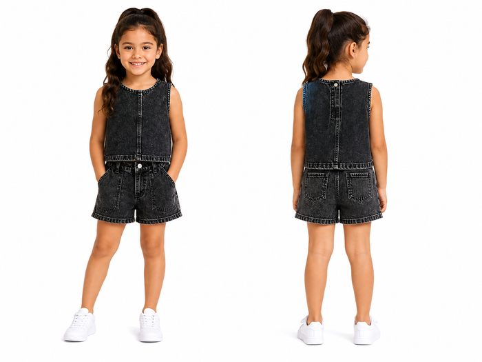 Girls 2 Piece Denim Top And Shorts Set