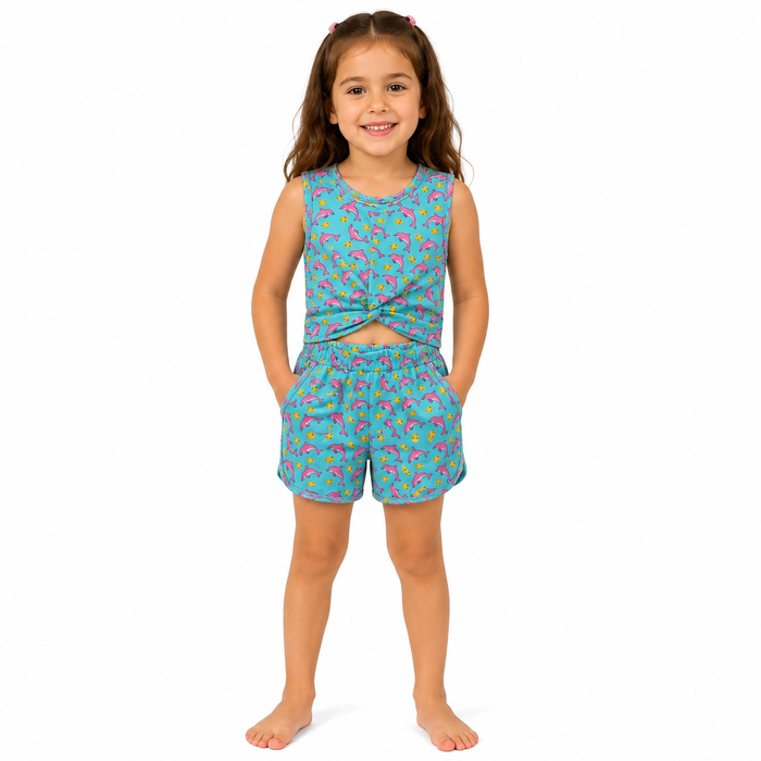 Girls Dolphin Print Sleeveless Top And Shorts Set