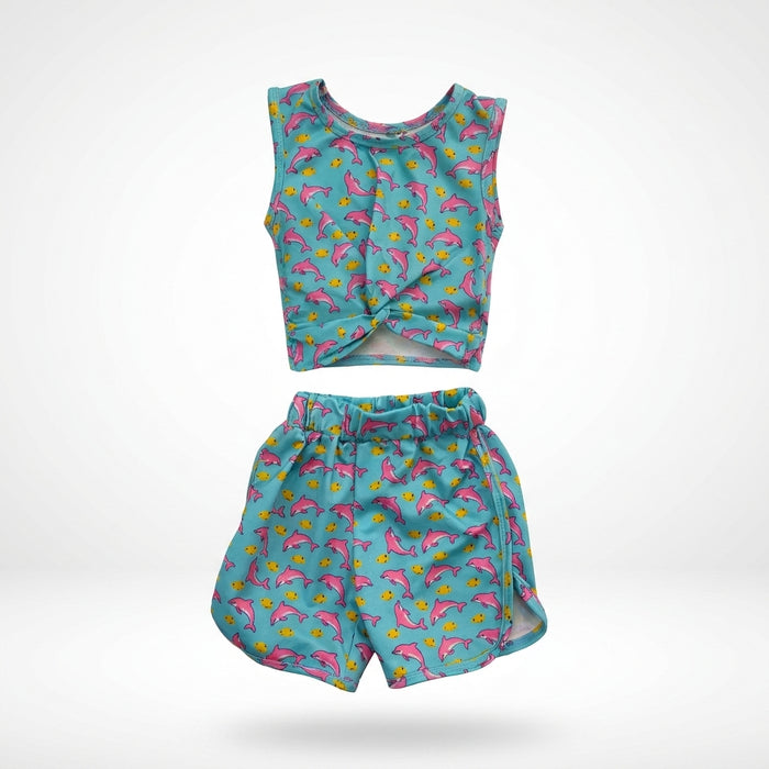 Girls Dolphin Print Sleeveless Top And Shorts Set