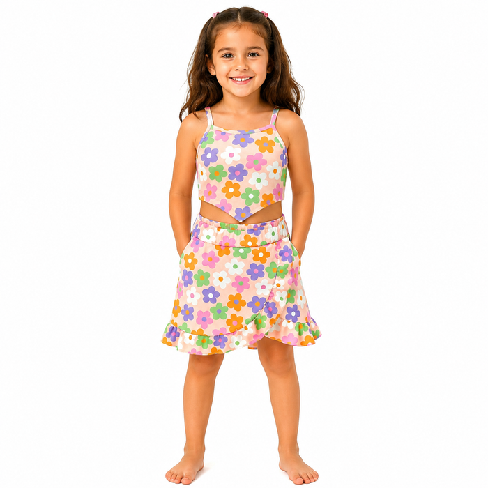 Girls Floral Print Cami Top And Wrap Skirt Set