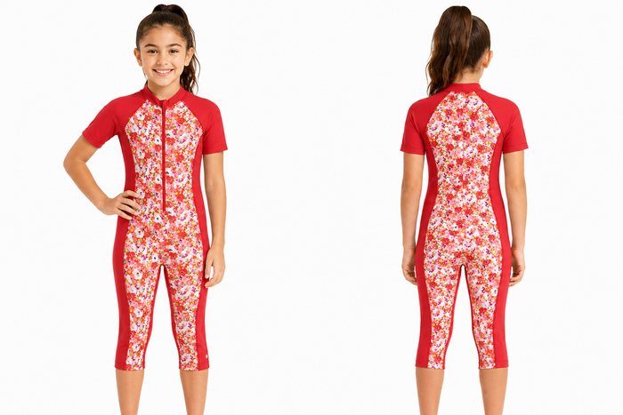 Girls Floral Print Short Sleeve Swimsuit