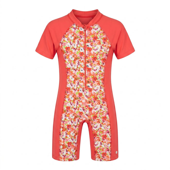 Girls Floral Print Short Sleeve Swimsuit