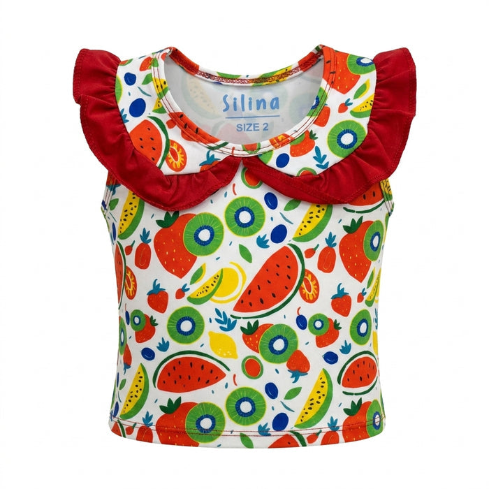 Girls Fruit Print Ruffle Collar Sleeveless Top And Skirt Set