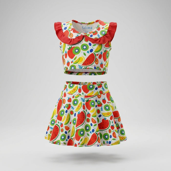 Girls Fruit Print Ruffle Collar Sleeveless Top And Skirt Set