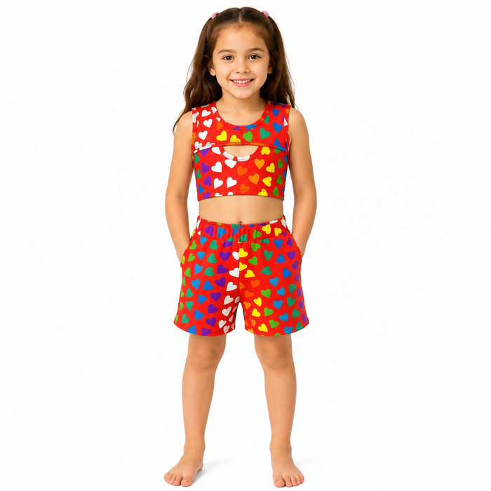 Girls Heart Print Sleeveless Top And Shorts Set