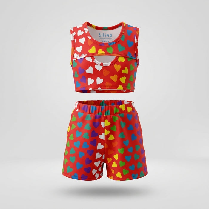 Girls Heart Print Sleeveless Top And Shorts Set
