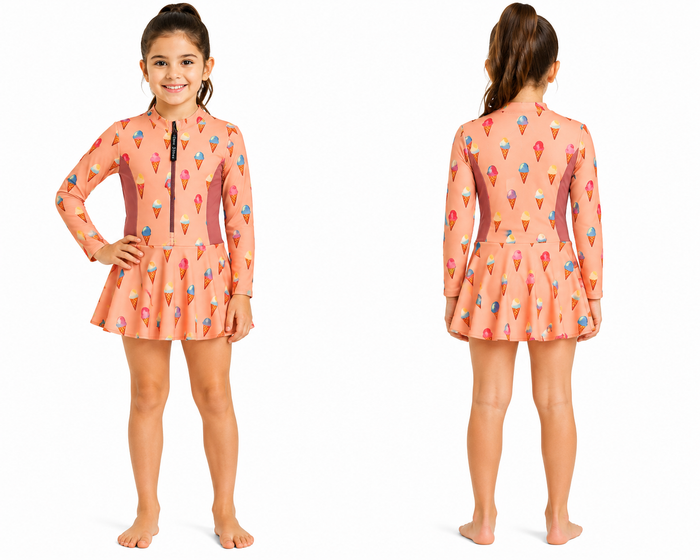Girls Ice Print Long Sleeve Swim Dress