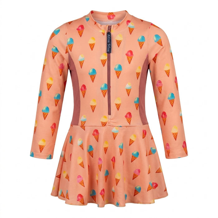 Girls Ice Print Long Sleeve Swim Dress
