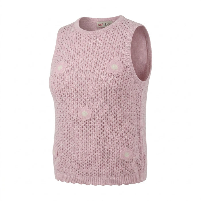 Girls Knitted Sleeveless Top And Pants Set With Floral Appliqués