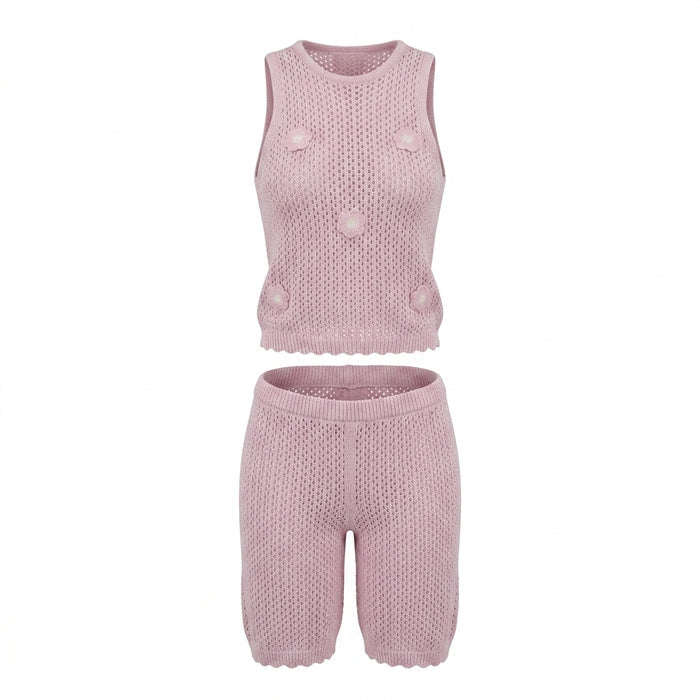 Girls Knitted Sleeveless Top And Pants Set With Floral Appliqués