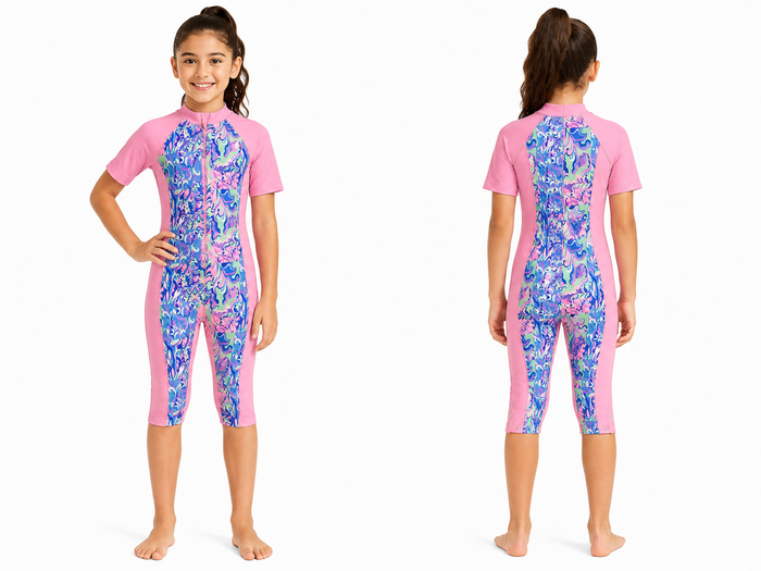 Girls Marble Print Short Sleeve Swimsuit