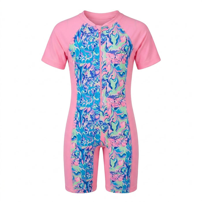 Girls Marble Print Short Sleeve Swimsuit
