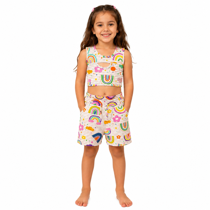 Girls Print Sleeveless Top And Shorts Set