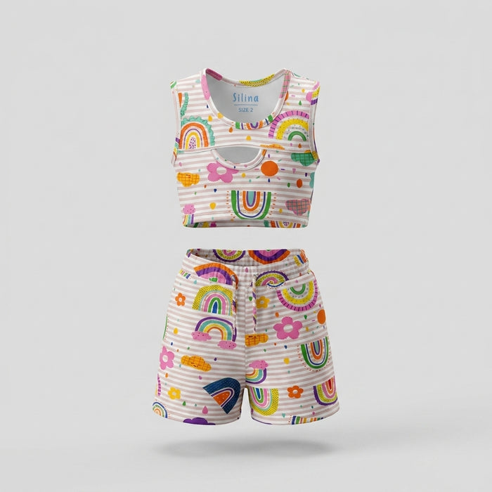 Girls Print Sleeveless Top And Shorts Set