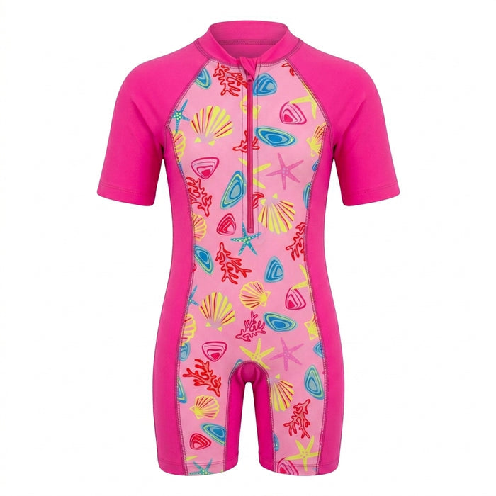 Girls Short Sleeve Printed Swim Suit With Front Zip