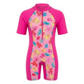 Girls Short Sleeve Printed Swim Suit With Front Zip