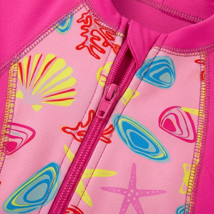 Girls Short Sleeve Printed Swim Suit With Front Zip