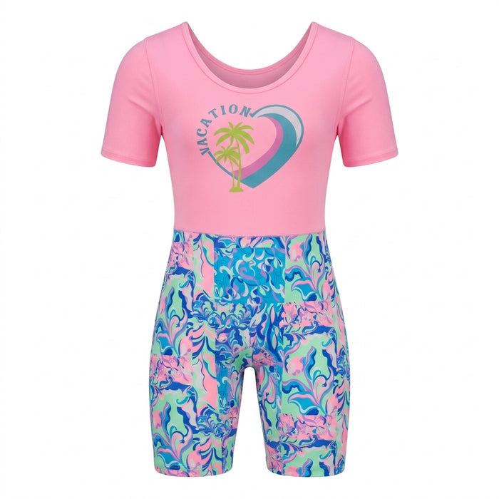 Girls Short Sleeve Printed Swim Suit
