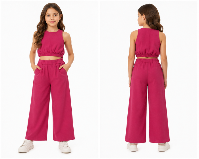 Girls Sleeveless Crop Top and Wide-Leg Pants Set