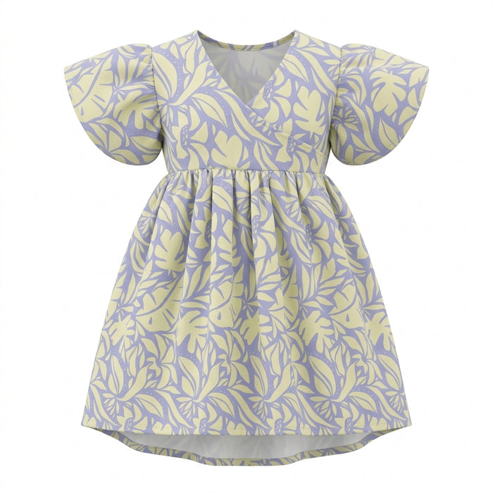 Girls Tropical Leaf Print Dress With Ruffle Sleeves