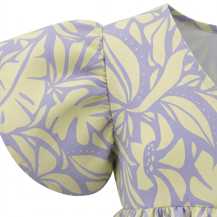 Girls Tropical Leaf Print Dress With Ruffle Sleeves