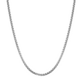 A silver-toned metal chain necklace with a classic box link design, displayed in a U-shape against a solid white background.