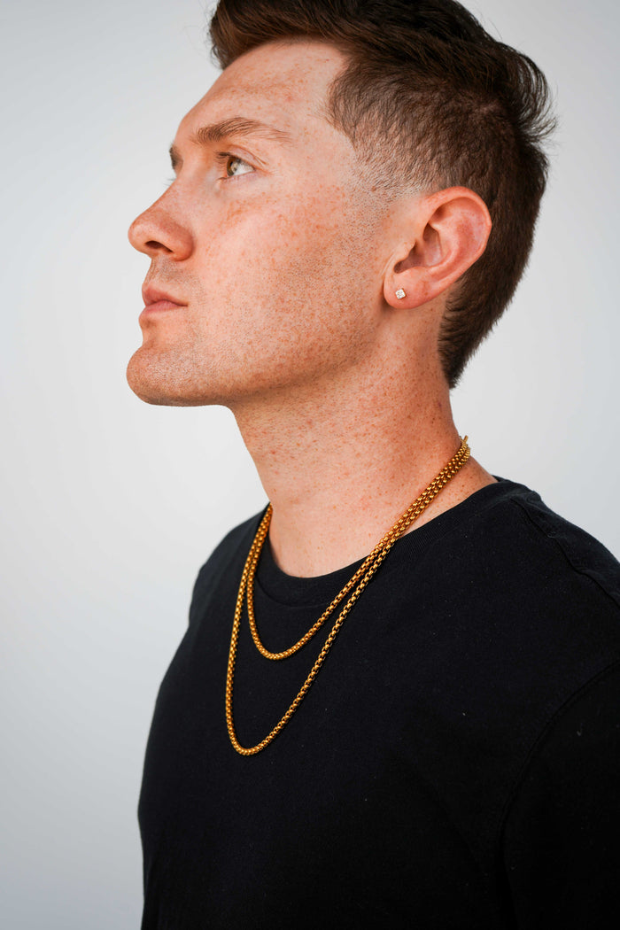 A man in profile wearing a layered gold chain necklace and a small gold stud earring, wearing a black t-shirt against a light gray background.