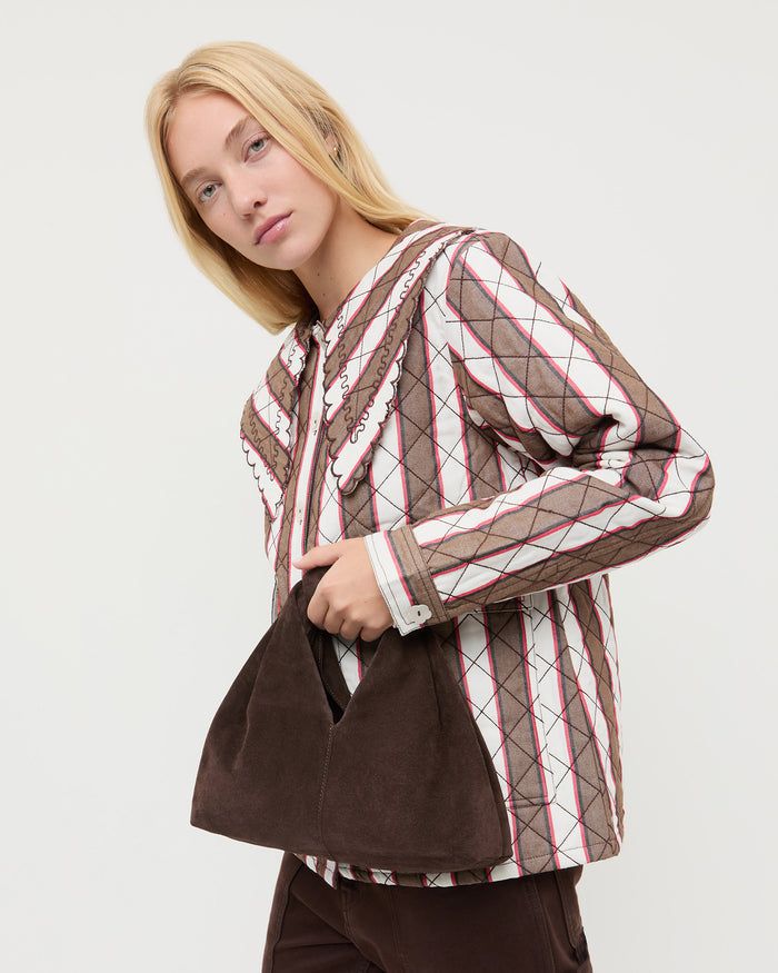 Helga Brown Suede Knot Clutch and James Quilted Jacket in brown and cream stripes.