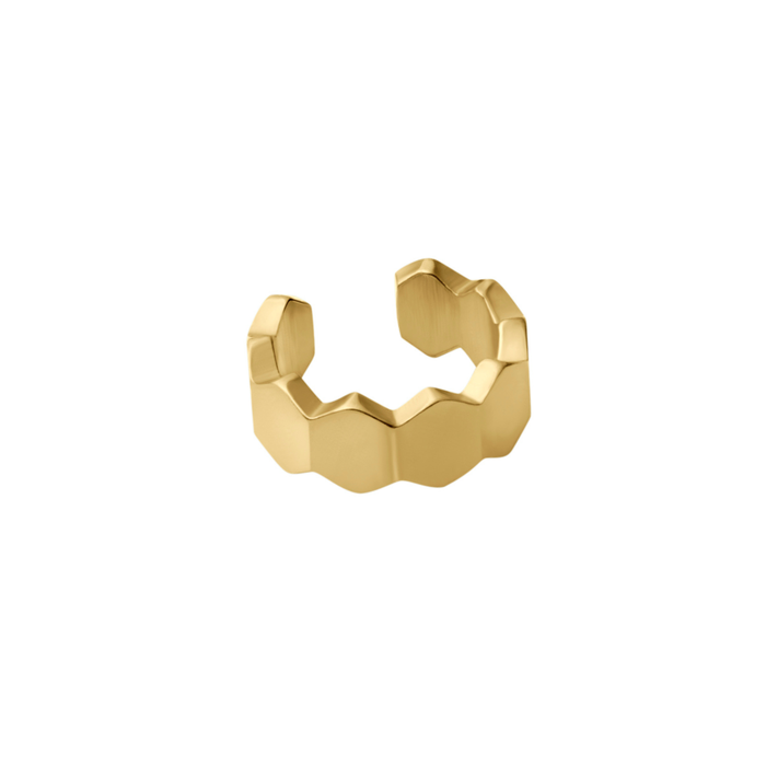 Close up of a model wearing a cuff earring made from stacked hexagon shapes. Hoop made from 18k gold-plated stainless steel.