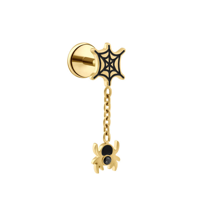 Gold flat back stud earring with spider web and dangling spider design on a white background
