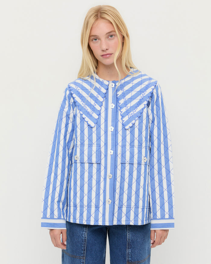 James Quilted Jacket in blue and cream striped cotton and Molly Workwear Jean in medium washed blue denim.