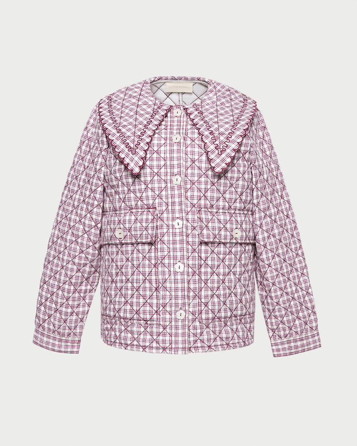 James Quilted Jacket in cream, maroon, lilac plaid linen.