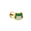 A close up of a frog shaped flat back stud with green enamel and gold-plated titanium metal.