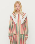 Ken Shirt in tan, red, and green striped cotton and Emlyn Skirt in tan, red, and green striped cotton.