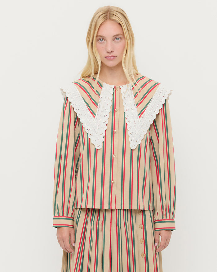 Ken Shirt in tan, red, and green striped cotton and Emlyn Skirt in tan, red, and green striped cotton.