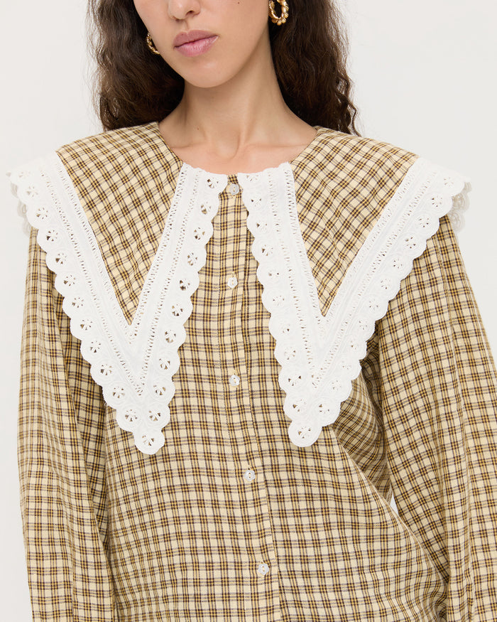 Ken Shirt in brown and butter plaid.