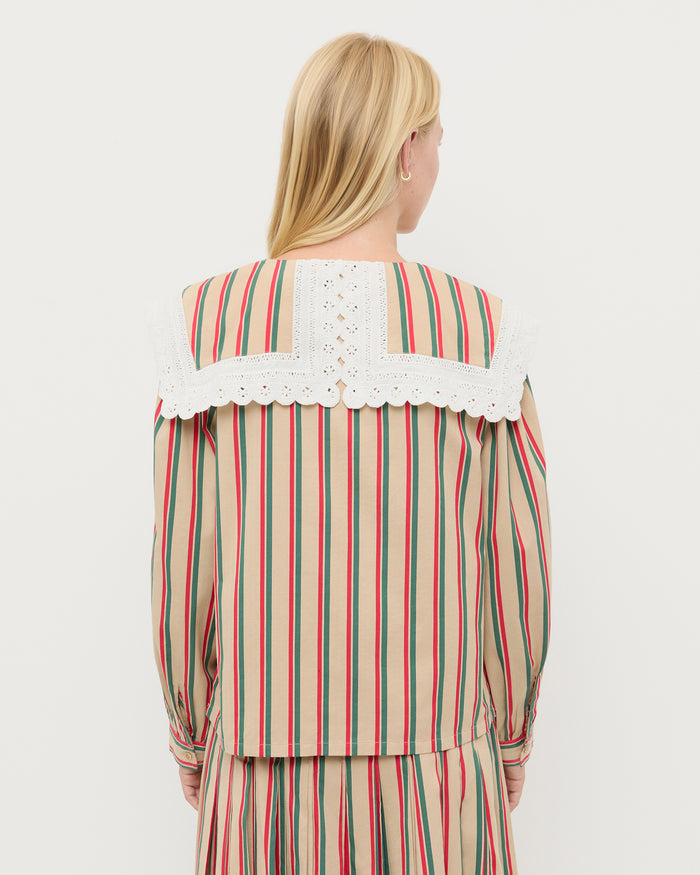 Ken Shirt in tan, red, and green striped cotton and Emlyn Skirt in tan, red, and green striped cotton.